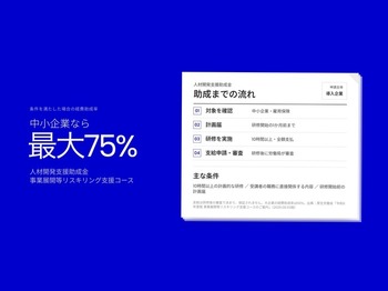 人材開発支援助成金（事業展開等リスキリング支援コース）の対象となるよう研修を設計。参考価格33万円/人（2時間×6回）に対し、条件を満たす中小企業は最大75%の助成金。
