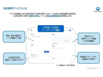 ・ホテルスタッフの日常使いに沿ったUIUX　‐毎日：翻訳ツールを利用　‐翻訳ツールデザインに、返信文案の自動作成を付加　　結果：直観で、利用が開始できる